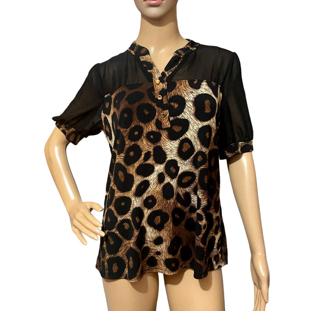 Adele & May Womens Leopard Print Blouse Sheer Black Pleated Short Sleeves Small